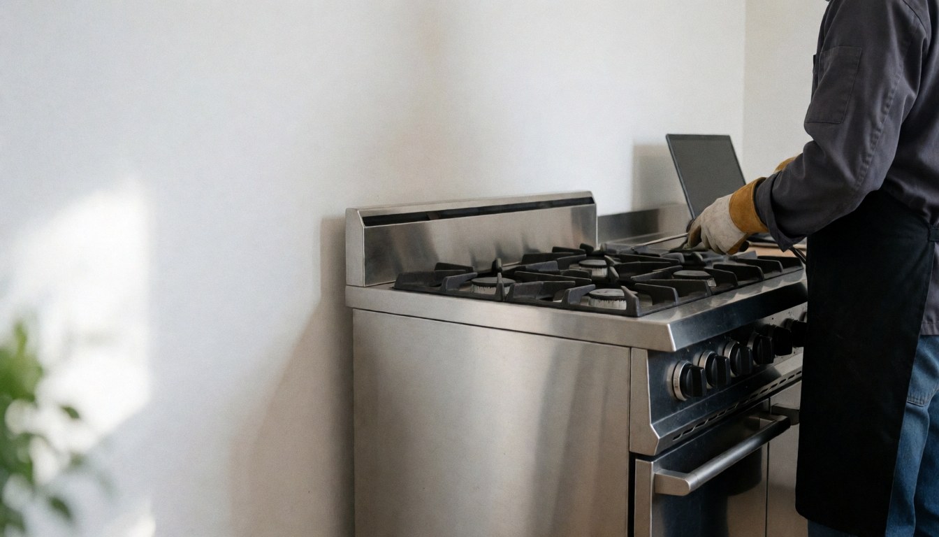 Technician wearing gloves repairing an industrial gas stove in a kitchen with white walls and natural light, ideal for stove repair services.