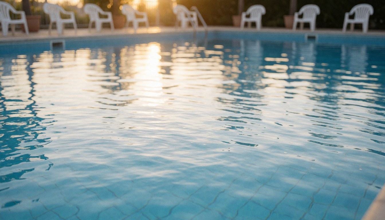 Blue water in a public pool with blurred white chairs and golden sunset light, ideal for text overlays