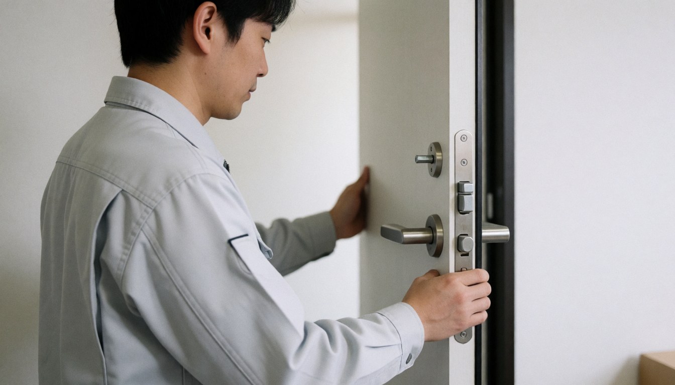 Close-up of hands adjusting a metal door lock mechanism during installation work