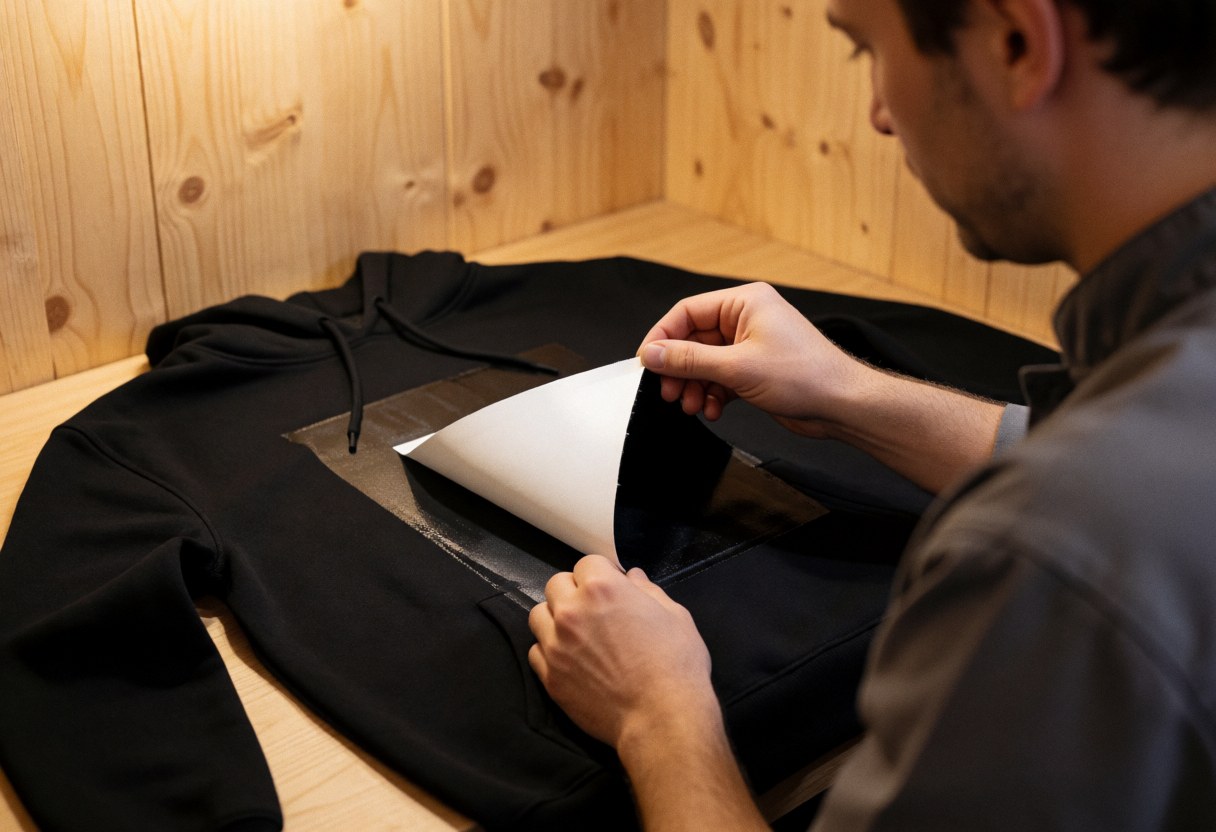 Technician revealing a design on a black sweatshirt on a wooden table with warm lighting and light wood panel background