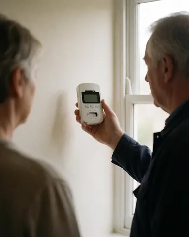 HVAC technician displaying a safe carbon monoxide detector reading to a customer near a window with natural light and warm white walls.