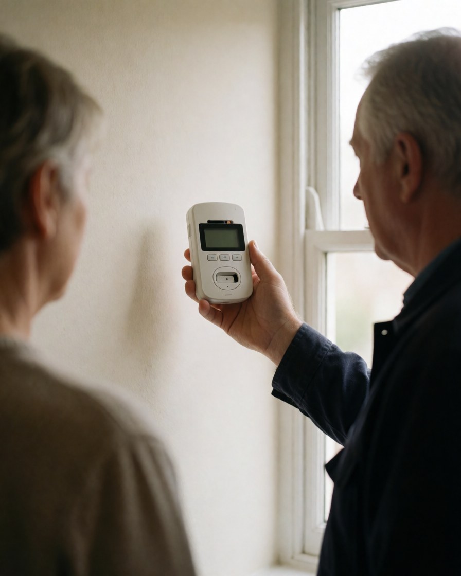 HVAC technician displaying a safe carbon monoxide detector reading to a customer near a window with natural light and warm white walls.