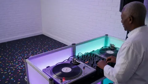 Professional DJ operating turntables in a booth illuminated by purple and blue LED lights with confetti scattered on the dark floor