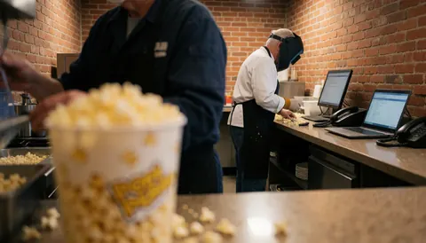 Employees preparing popcorn at a concession stand featuring exposed brick walls and computers on the counter.