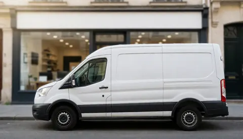 A white delivery truck parked in front of a retail store with a blurred background, suitable for commercial text overlays.