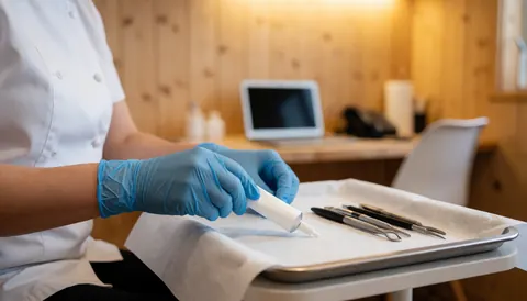 Hands wearing blue gloves apply anesthetic cream on a sterile tray with instruments in a dermabrasion salon.