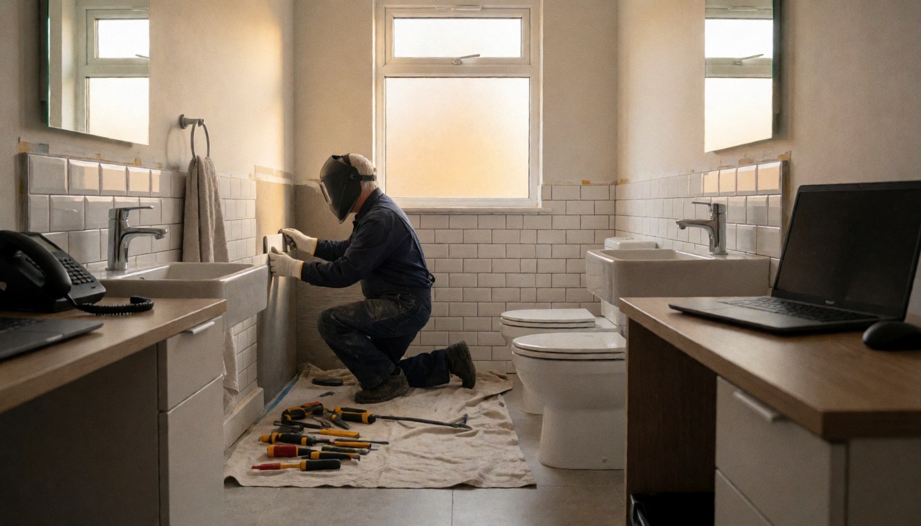 A tiler places white tiles on a bathroom wall, with tools and warm light from the window visible.