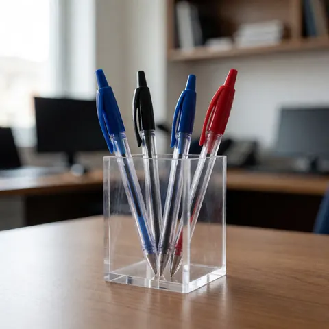 Blue, black, and red pens arranged in an acrylic stand on a wooden table with natural light in an office setting