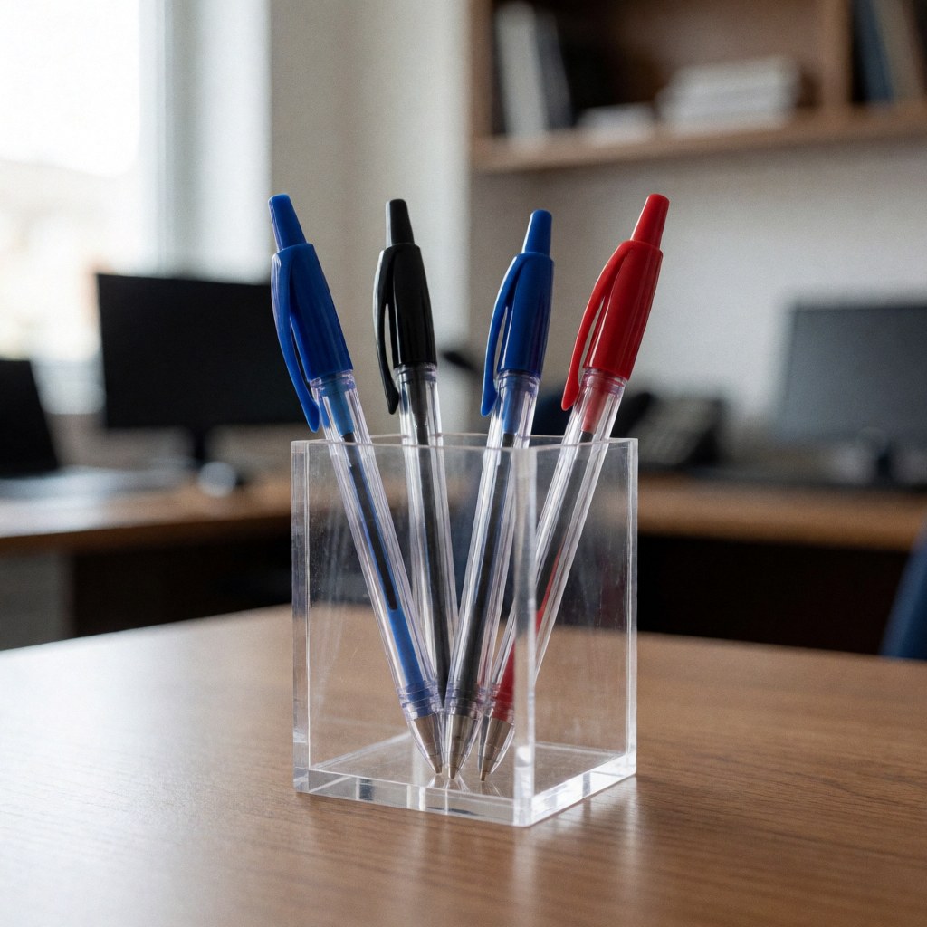 Blue, black, and red pens arranged in an acrylic stand on a wooden table with natural light in an office setting