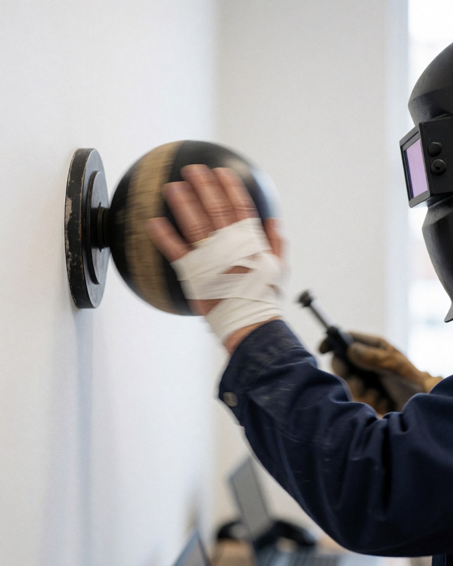 Close-up of a hand wrapped in bandage striking a speed ball against a white wall, showing boxing training equipment.