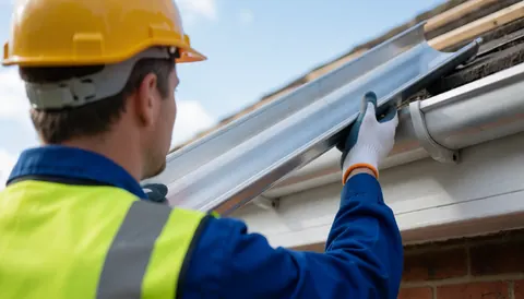 Worker wearing safety helmet and yellow vest installing aluminum gutter along the edge of a residential roof.