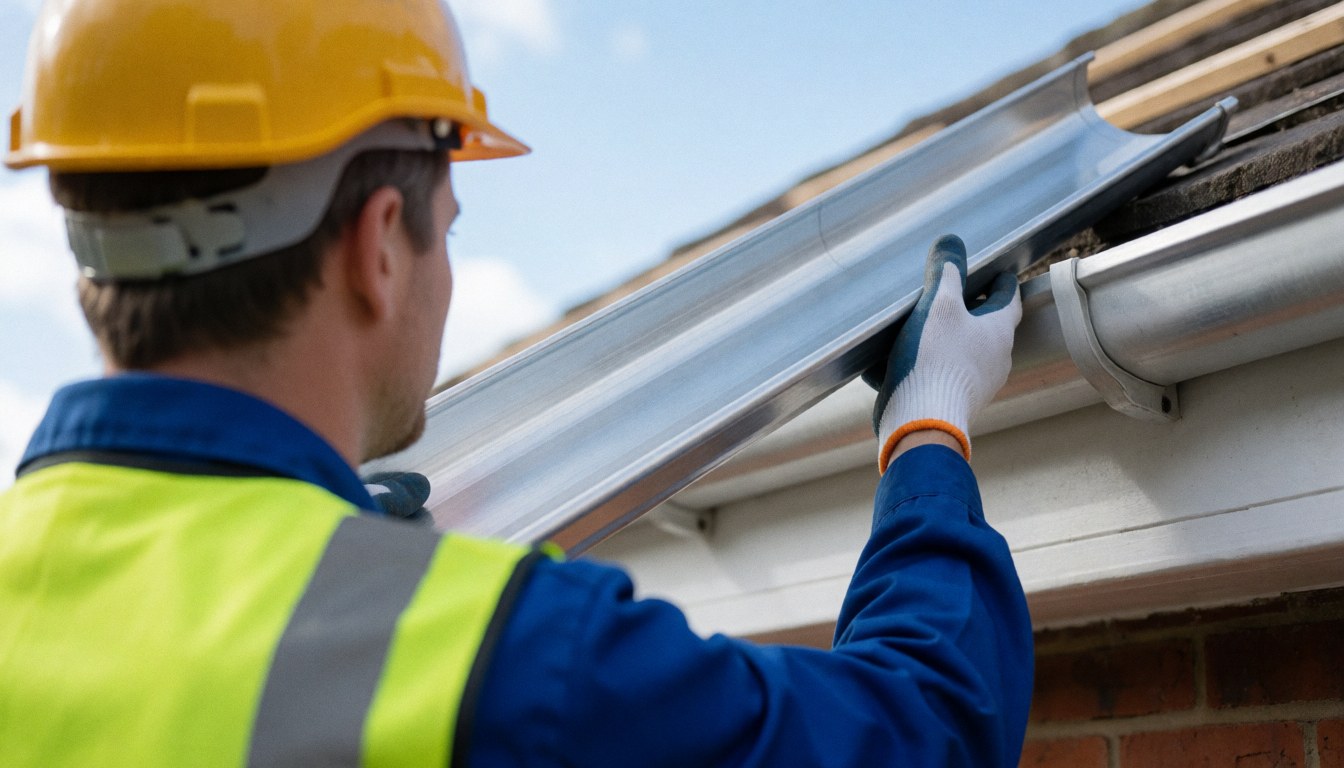 Worker wearing safety helmet and yellow vest installing aluminum gutter along the edge of a residential roof.