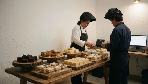 Pastry chef slicing a cake on a wooden table with desserts while a customer waits to be served in a bakery