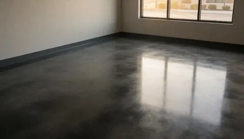 Polished and stuccoed concrete floor in an empty room reflecting sunset light through a large window, ideal for modern decorative painting projects.