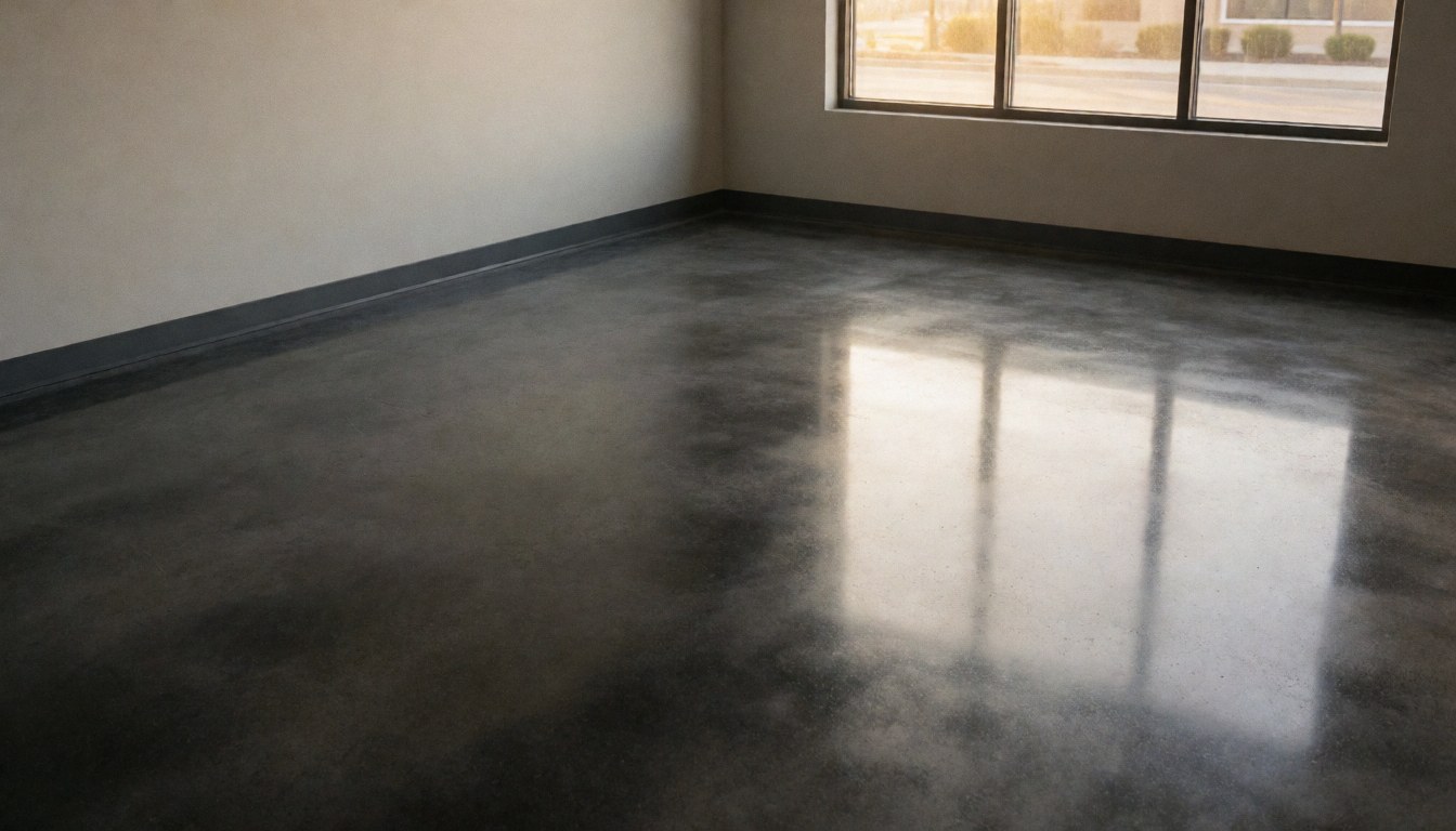 Polished and stuccoed concrete floor in an empty room reflecting sunset light through a large window, ideal for modern decorative painting projects.