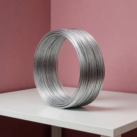 Bundle of shiny metal binding wire placed on a white table with a pink wall background for photocopying and binding products