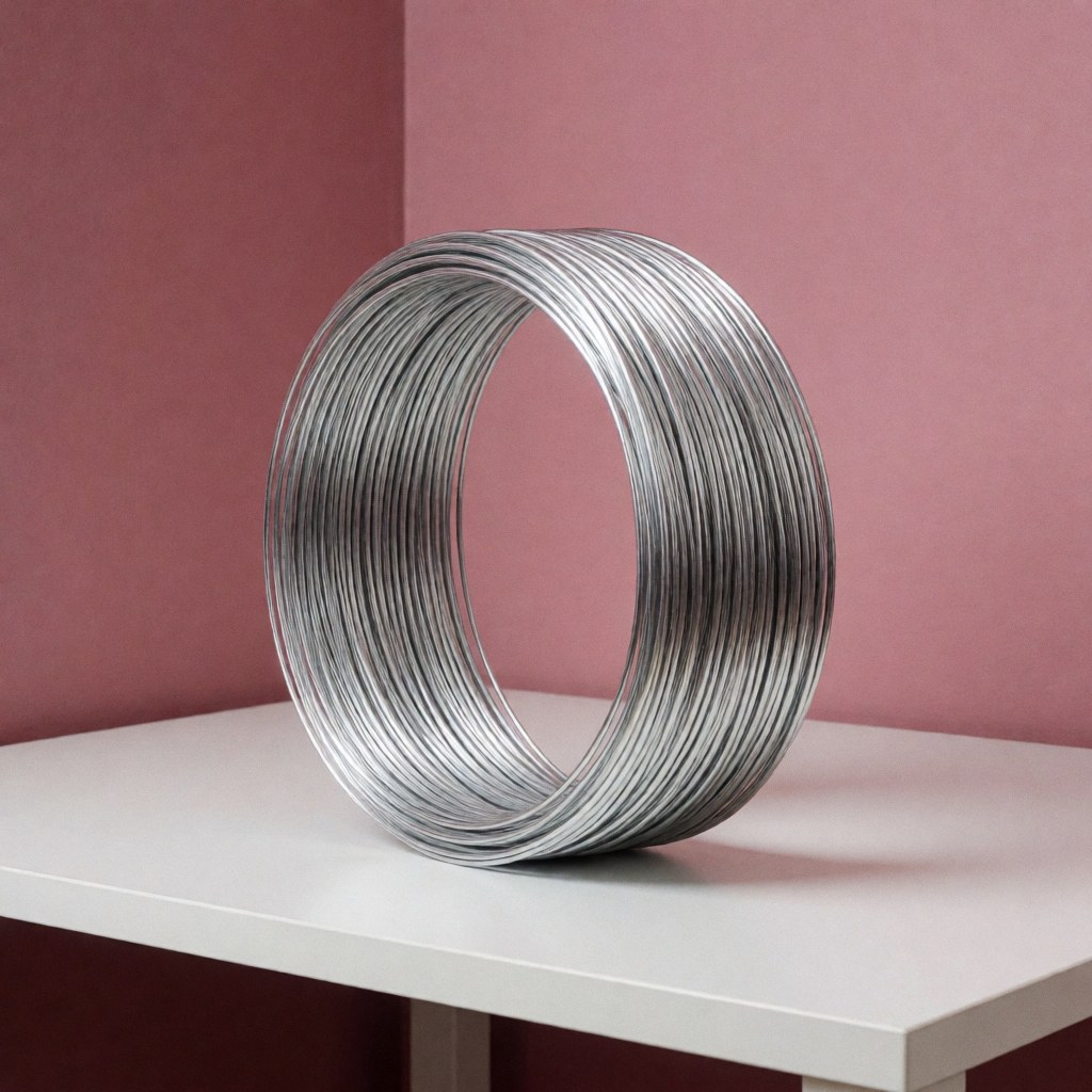 Bundle of shiny metal binding wire placed on a white table with a pink wall background for photocopying and binding products
