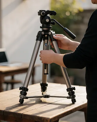 Close-up of hands adjusting a macro tripod on a wooden surface outdoors with soft afternoon light