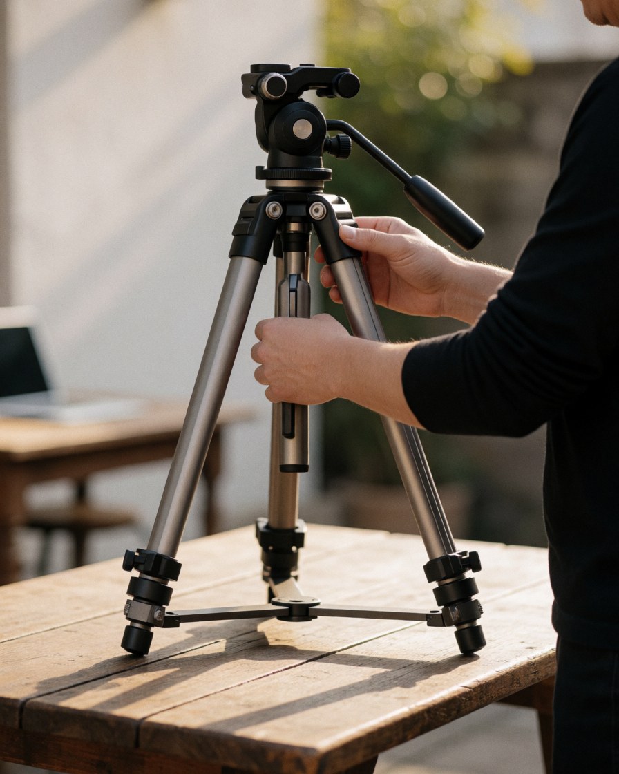 Close-up of hands adjusting a macro tripod on a wooden surface outdoors with soft afternoon light