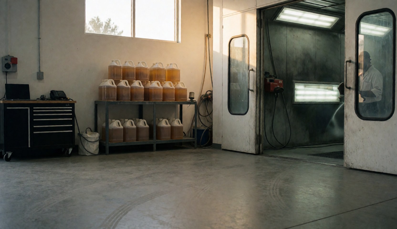 Professional auto body painter working inside a paint booth with paint gallons and polished concrete floor with tire tracks