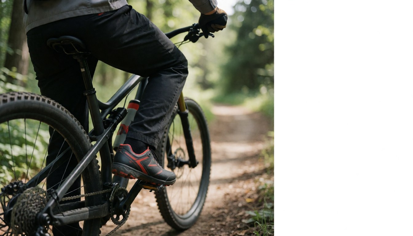 Close-up view of cycling shoes with cleats attached to mountain bike pedals on a forest trail