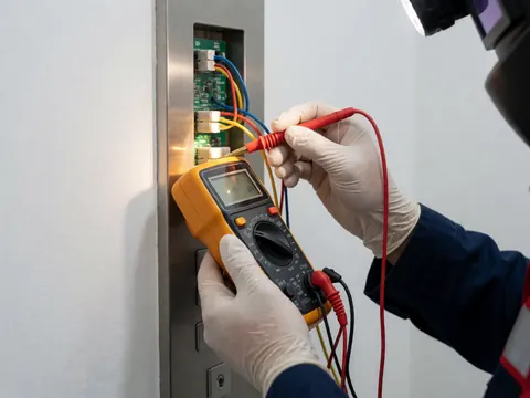 Close-up of a technician using a multimeter to test an elevator circuit panel, illuminated by a headlamp.