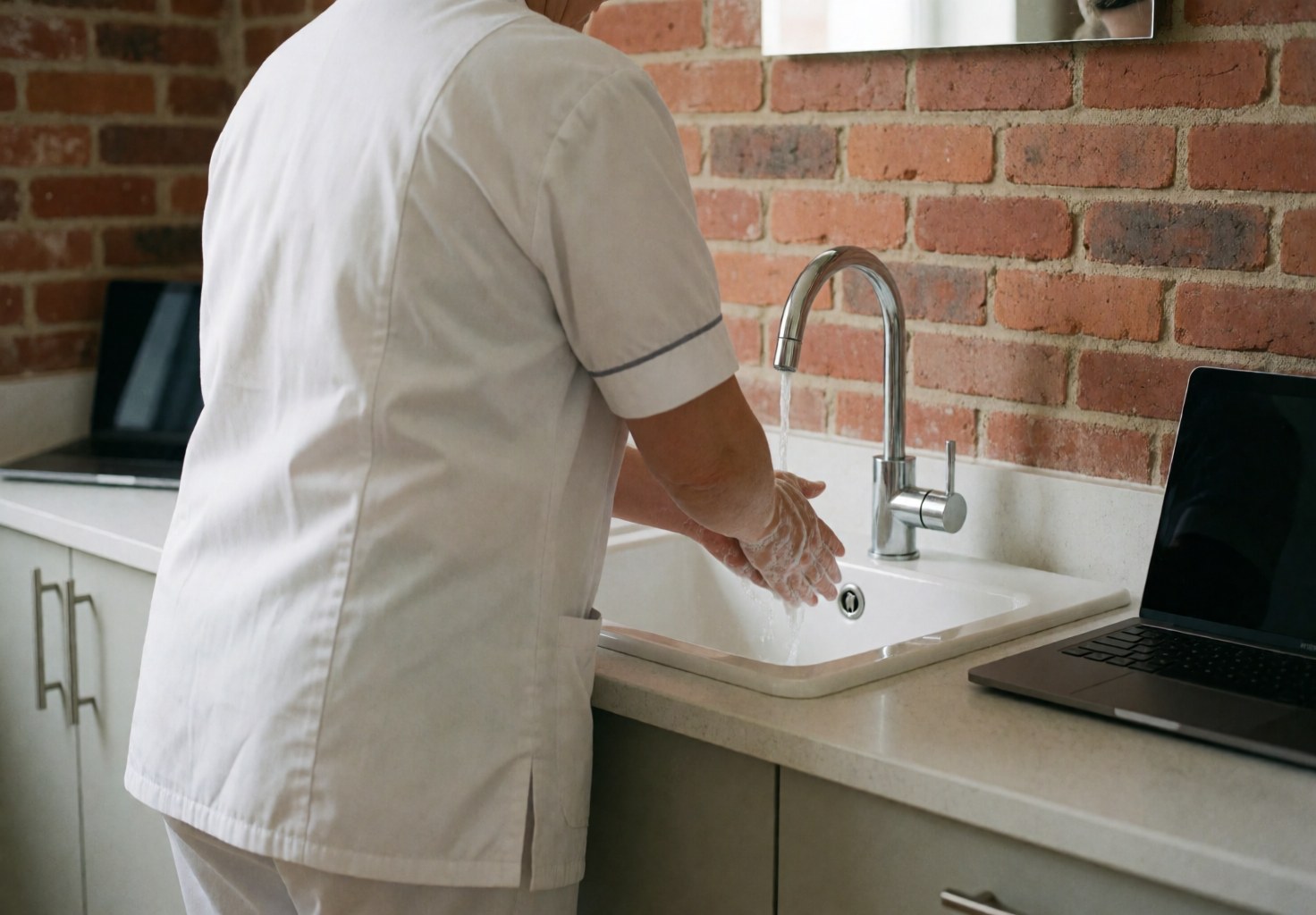 A professional washing hands at a sink in a shiatsu clinic with a red brick wall background