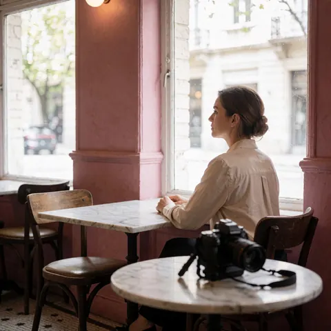 A woman photographer sitting at a marble table in a cafe with pink walls, looking out the window with a professional camera in the foreground.