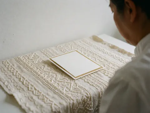 White wedding invitation with gold trim resting on a Mexican embroidered shawl against a white background for wedding photographers