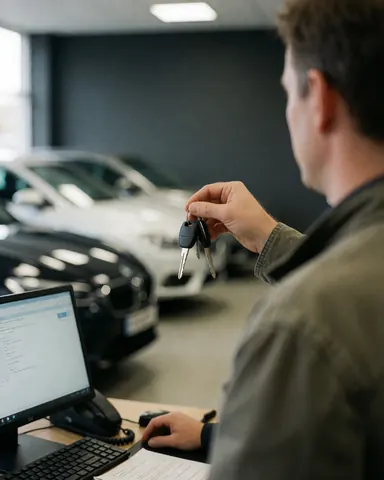 A customer holding car keys inside a dealership with vehicles, a computer desk, and gray walls visible in the background
