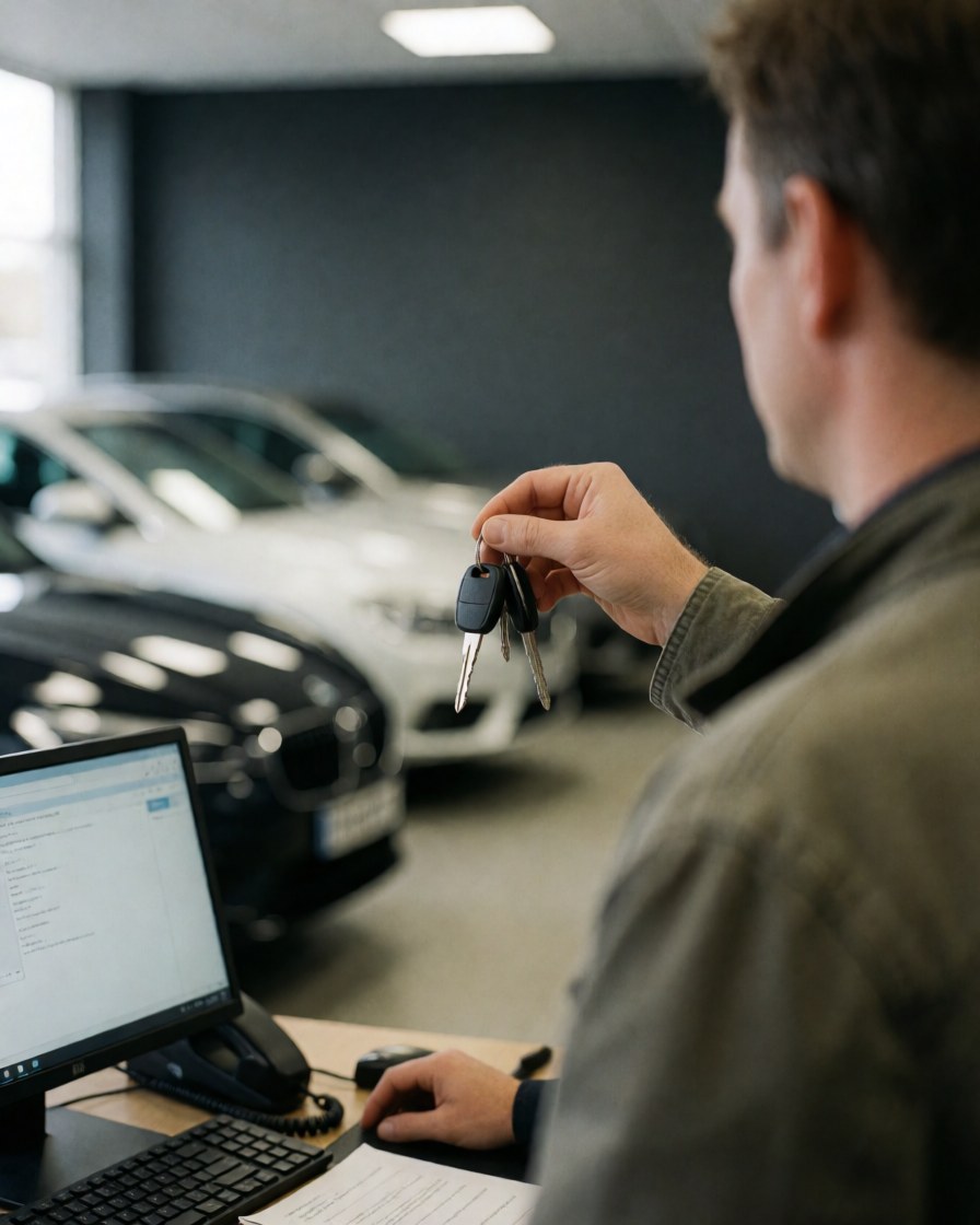 A customer holding car keys inside a dealership with vehicles, a computer desk, and gray walls visible in the background