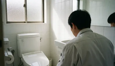 A professional cleaner is cleaning a white toilet in a bright bathroom with a mirror and window.