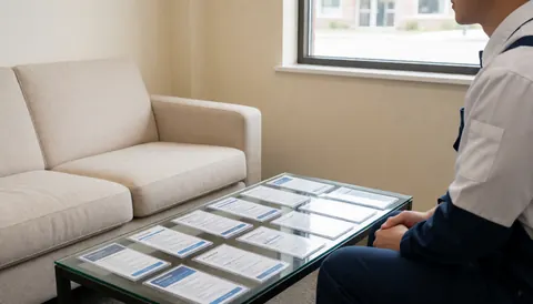 A technician in uniform sits in a waiting room with a beige sofa and brochures on a glass table near a window