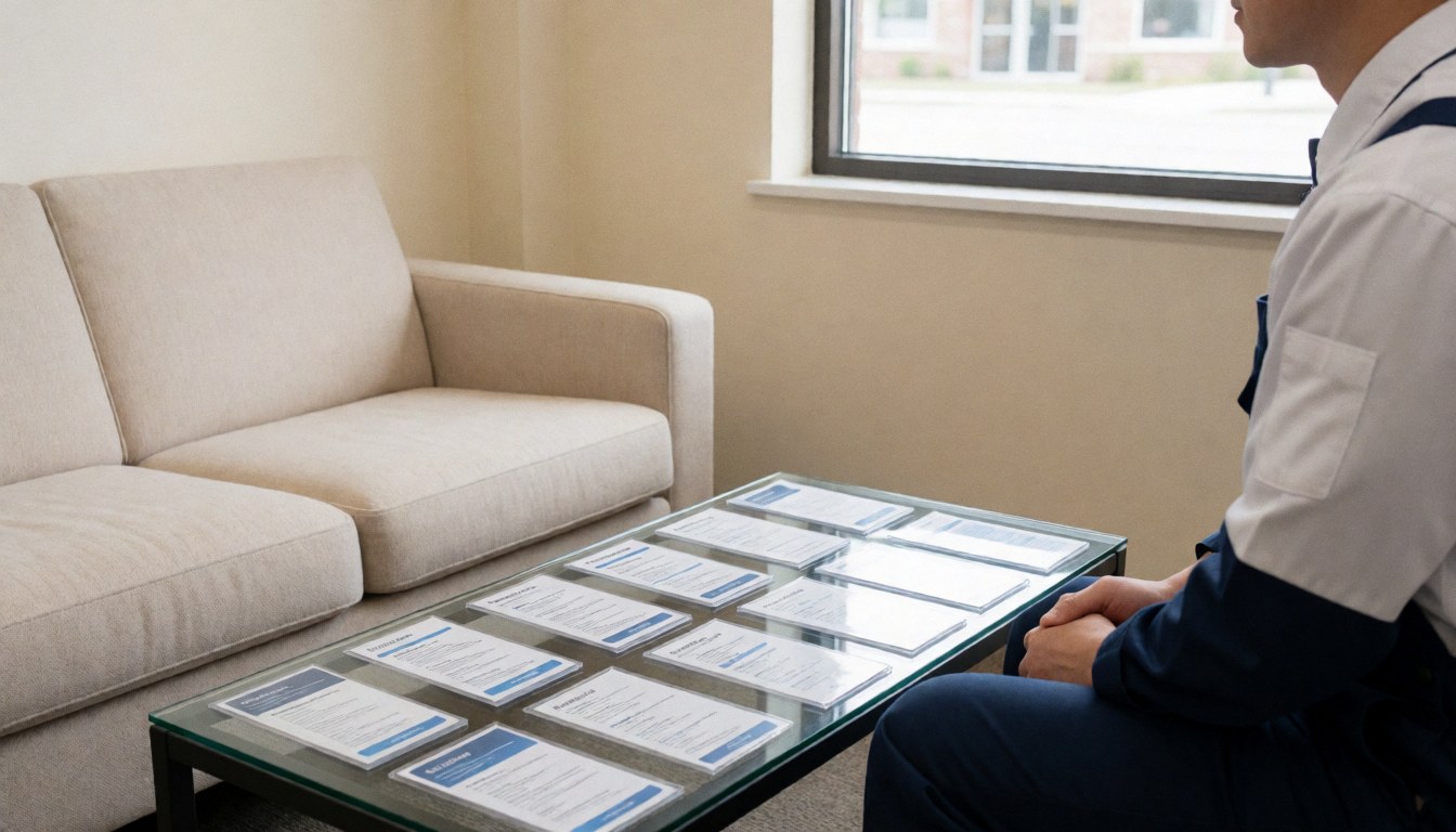 A technician in uniform sits in a waiting room with a beige sofa and brochures on a glass table near a window