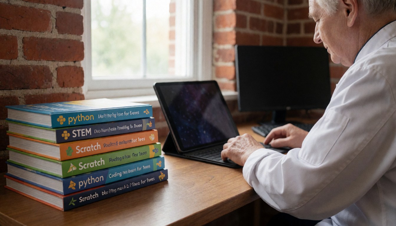 A stack of Python and Scratch programming books for young learners sits on a wooden table near a brick wall with natural light.