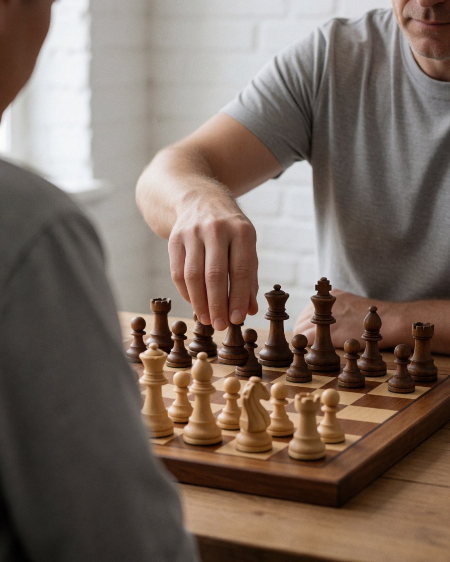 Close-up of a hand moving a chess piece on a wooden board with white brick walls in the background