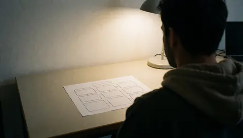 Student reviewing a three act structure writing template on a wooden desk in a library