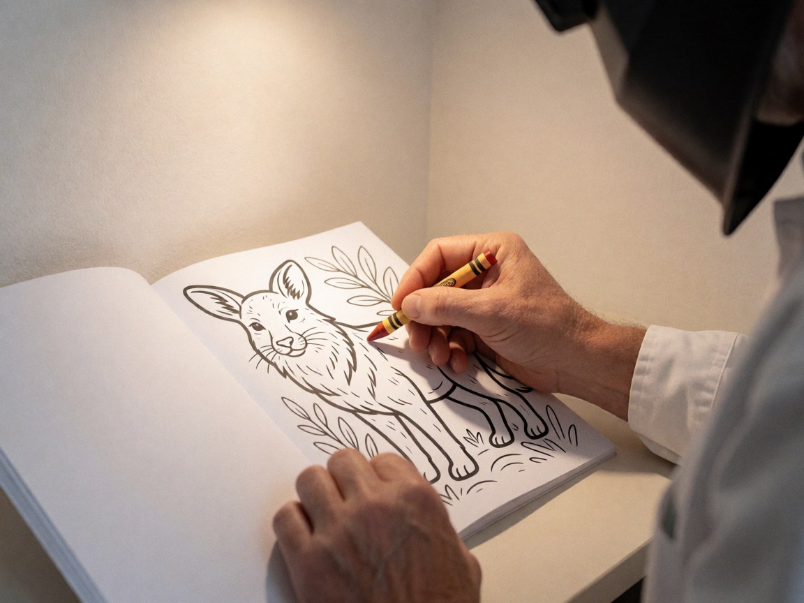 Close-up of adult hands using a crayon to color an animal illustration in a coloring book against a white wall with warm lighting