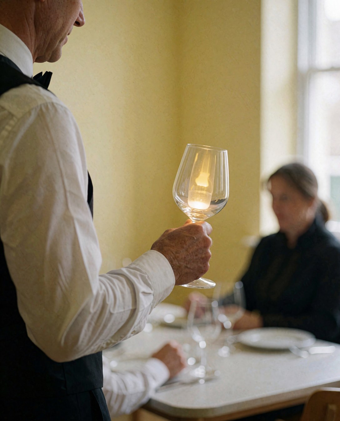 A waiter holds a glass with LED lighting in a restaurant with yellow walls, showcasing event lighting.