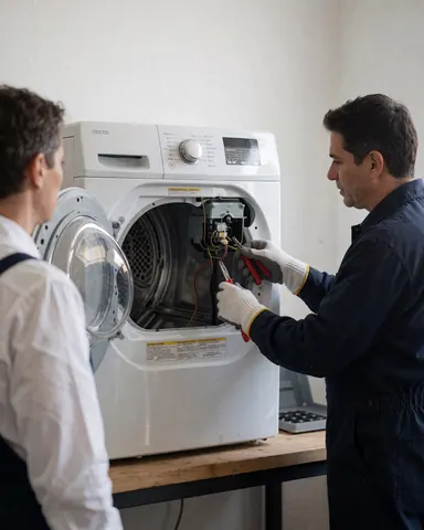 Technician wearing gloves repairing an open dryer while a client observes in a white-walled workshop