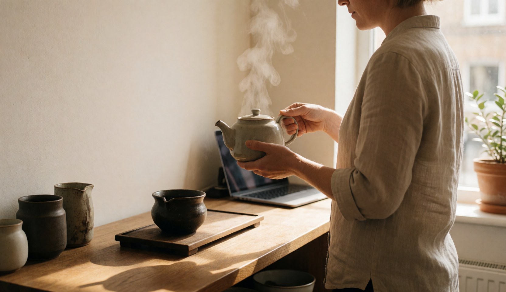 Yoga instructor serving tea on a wooden bar with natural light, ceramic, and visible steam