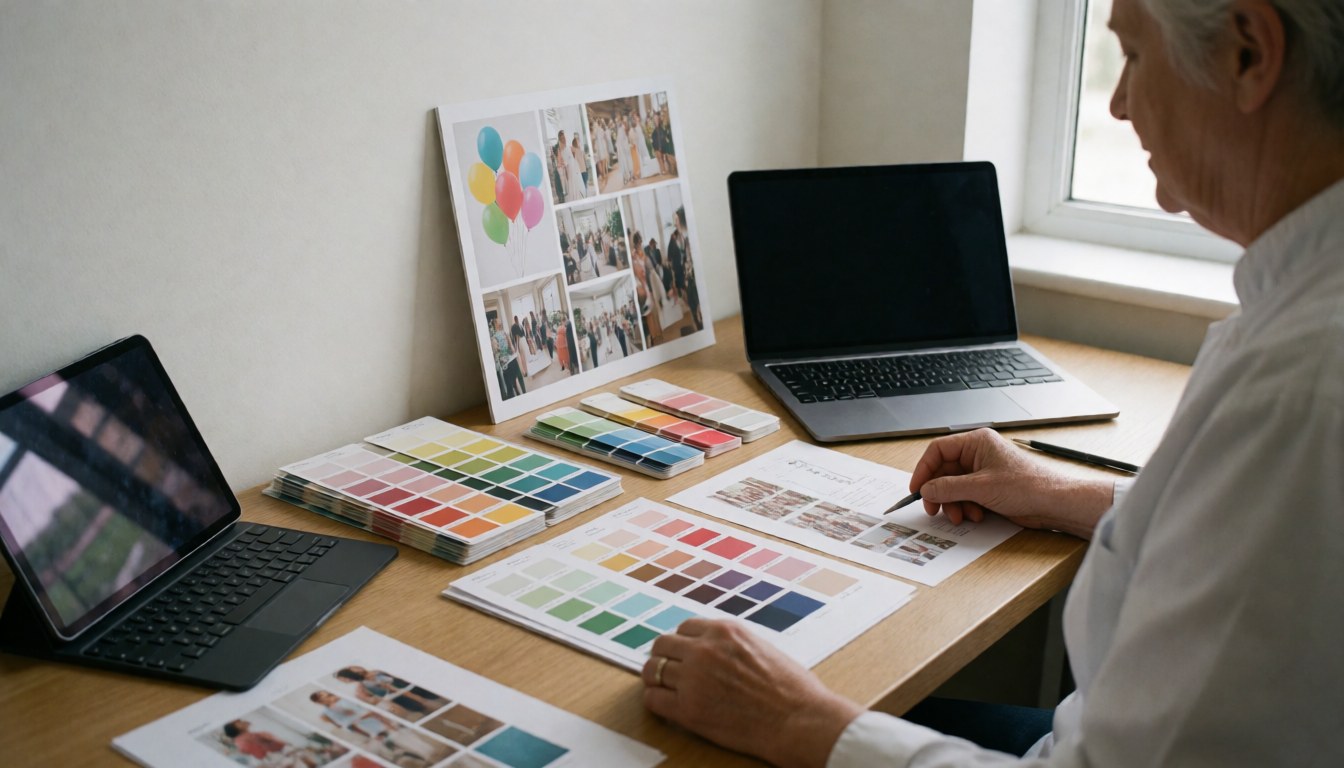 Event designer analyzing color palettes and a mood board on a wooden desk illuminated by natural light