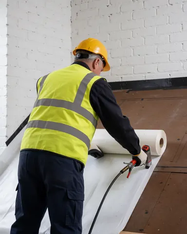 Worker in safety gear placing white waterproofing membrane on a wooden roof near a white brick wall