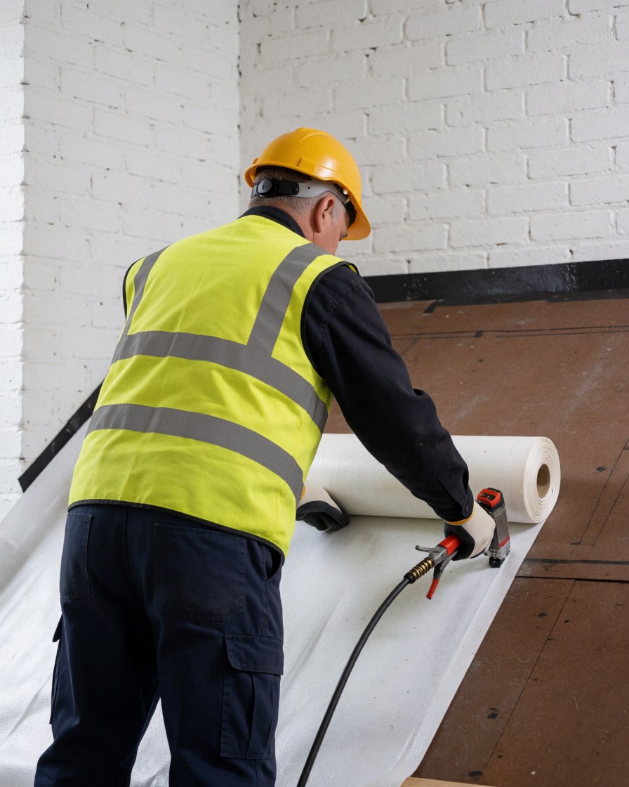 Worker in safety gear placing white waterproofing membrane on a wooden roof near a white brick wall