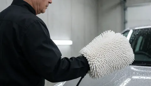 Close-up of a white microfiber cloth wiping a vehicle during a professional car wash service in a concrete-walled garage.