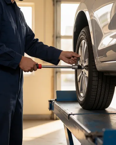 Mechanic in workshop adjusting tire with torque wrench, warm sunlight, shiny metal tools, visible tire tread pattern.