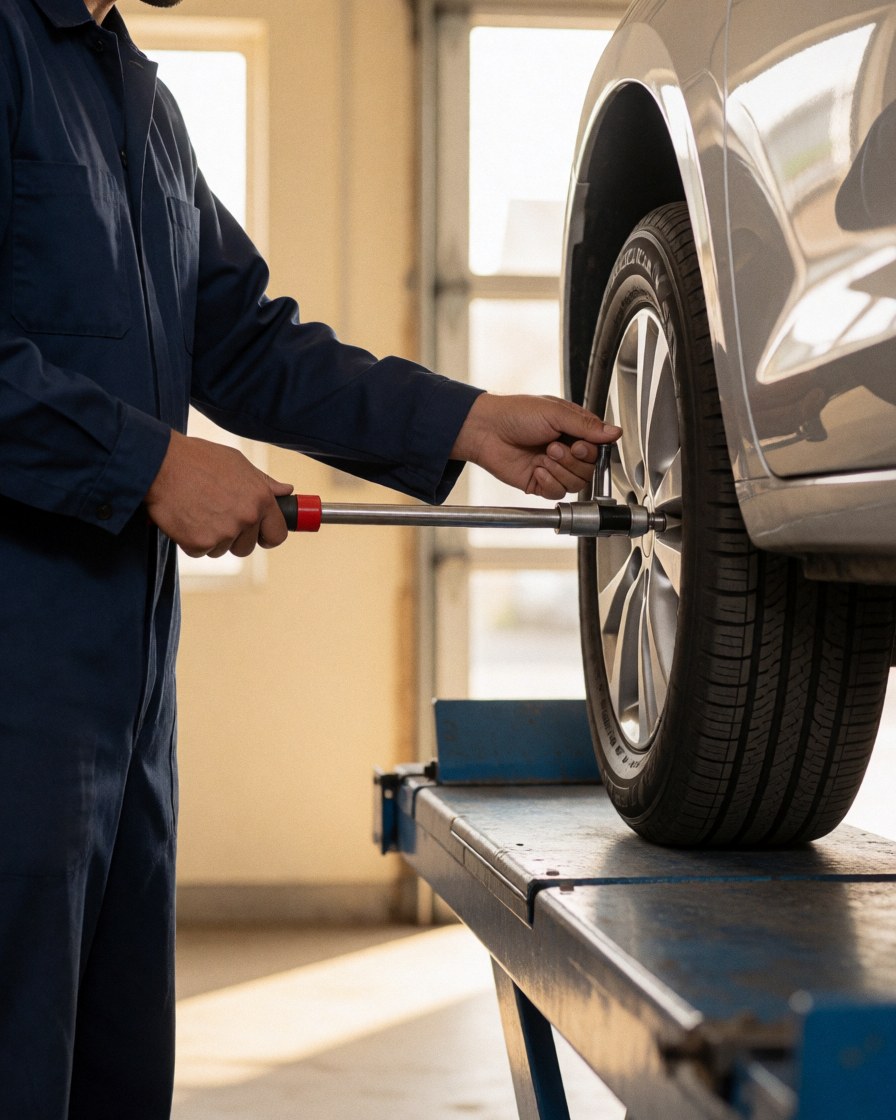 Mechanic in workshop adjusting tire with torque wrench, warm sunlight, shiny metal tools, visible tire tread pattern.