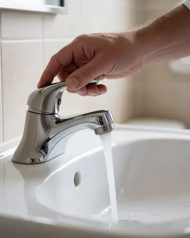 Close-up of a hand turning a chrome faucet on a white countertop with water flowing, set against beige tiles, suitable for plumbing services.