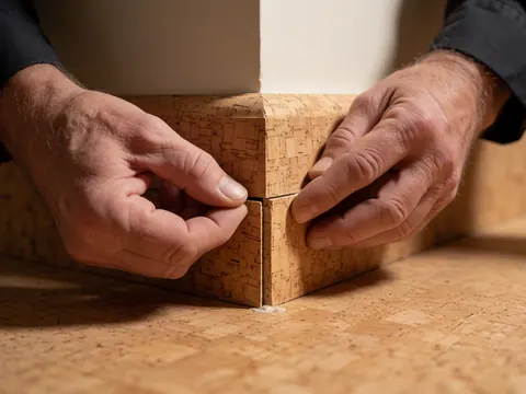 Close-up of hands installing a cork flooring joint in a corner with visible adhesive on a cork floor against a blurred white wall.