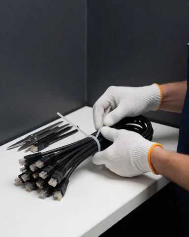 Close-up of gloved hands organizing ethernet cables on a white surface with gray walls and wiring tools for camera installation
